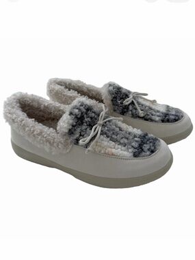 Vionic Claribel Slipper Size 10 WIDE Cream Plaid Faux Shearling Orthotic EUC